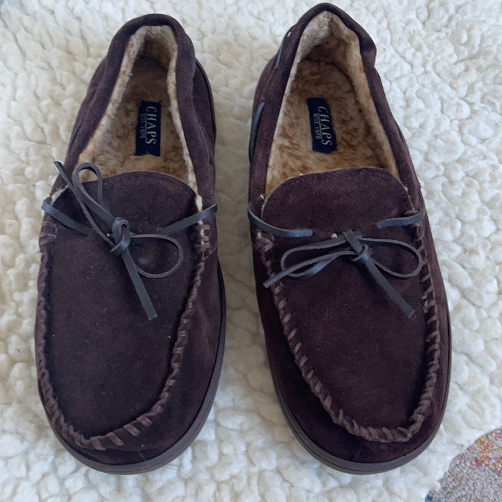 Chaps Men’s Slipper Size L (Indoor/Outdoor Slip On Fur Slippers Brown Suede